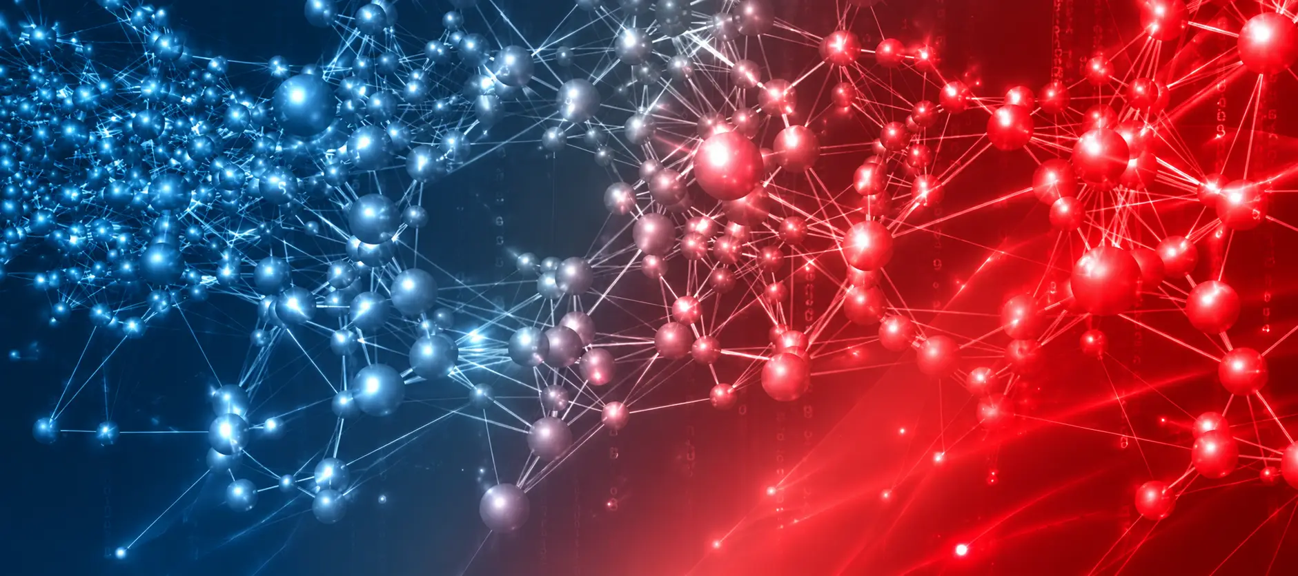 Abstract network of glowing blue and red nodes connected by thin lines, symbolizing data connectivity and digital networks.