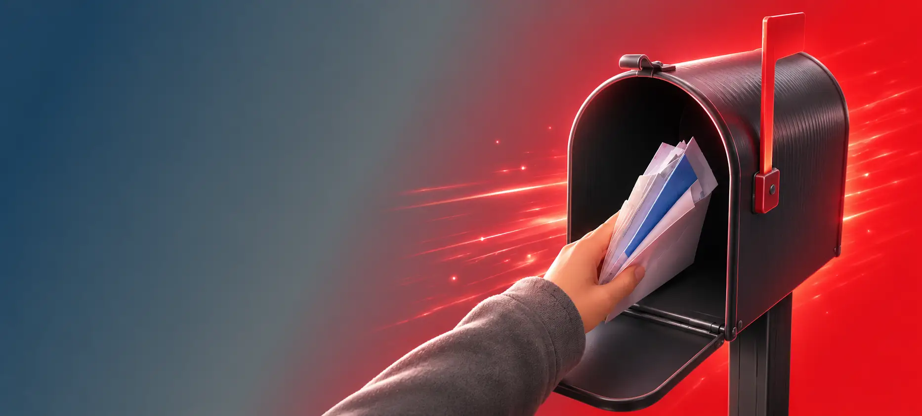Person inserting a stack of envelopes into a black metal mailbox and posting mail