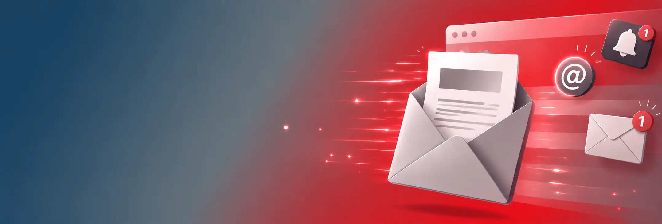 Envelope with a letter bursting forward on a red digital background, surrounded by notification icons (bell, @ symbol, and circular alerts).