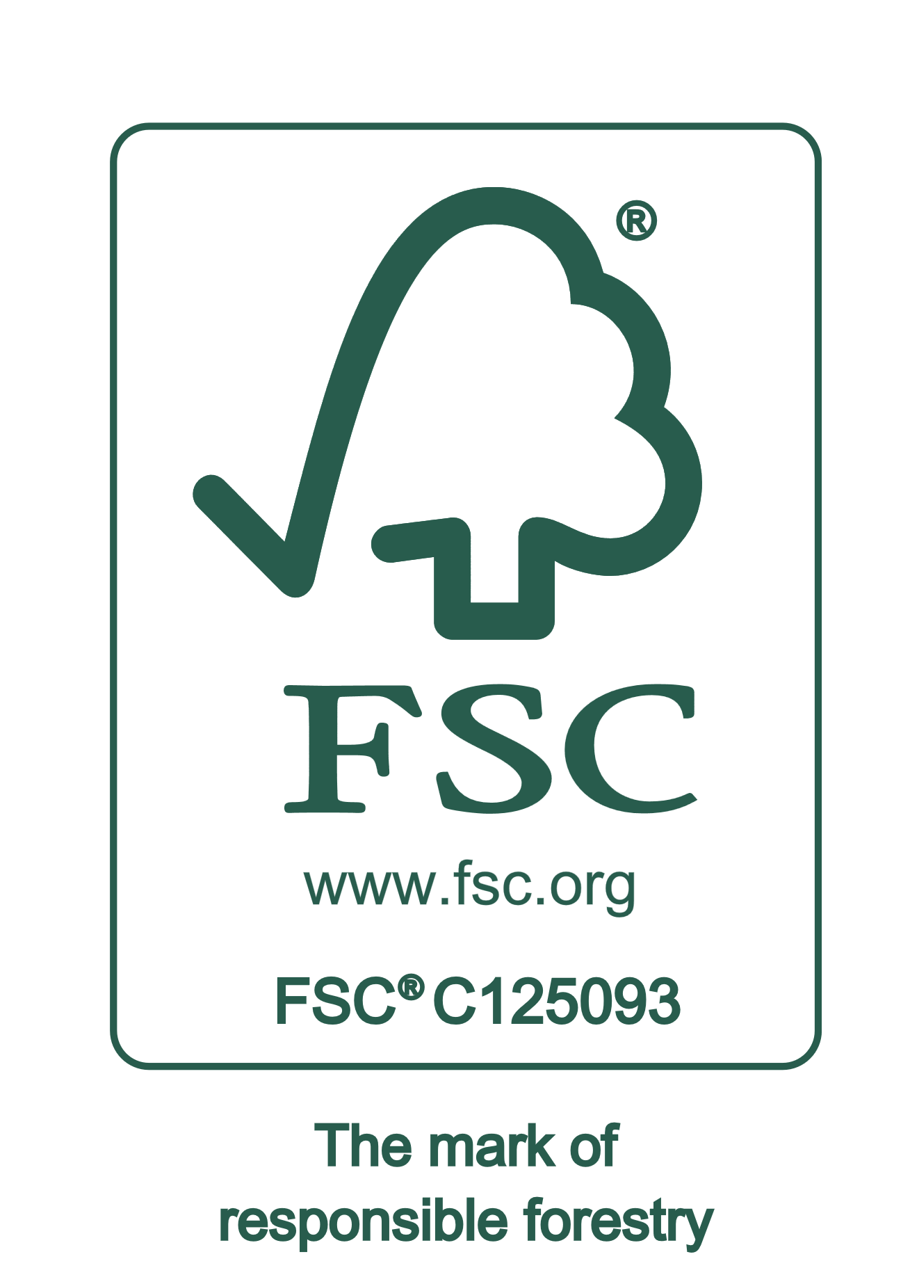 FSC certification logo inside a rounded green rectangle with 'FSC' text and website, indicating responsible forestry.